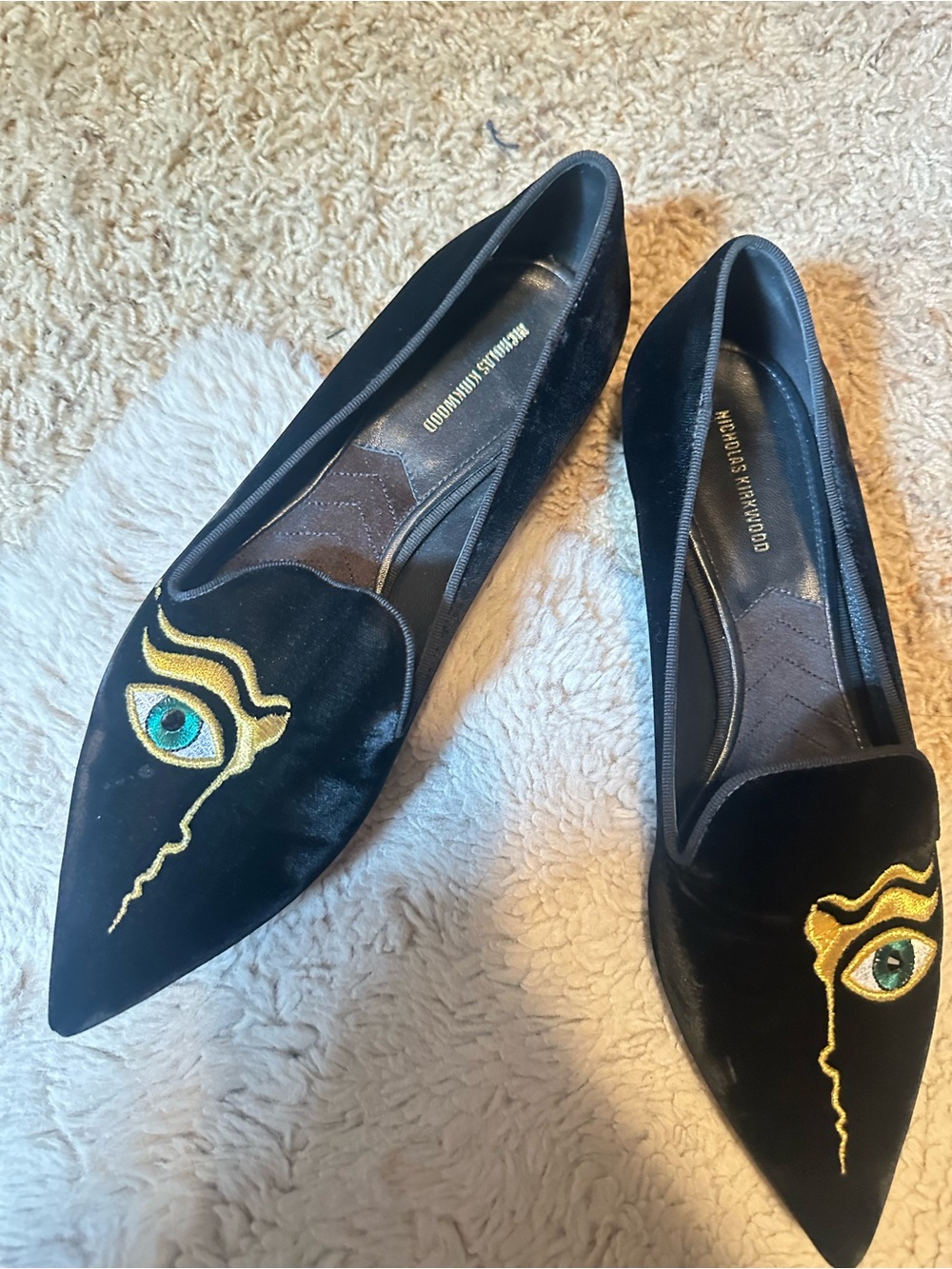 Nicholas Kirkwood Black Velvet Pointed Flats with Gold & Teal Eye Embroidery